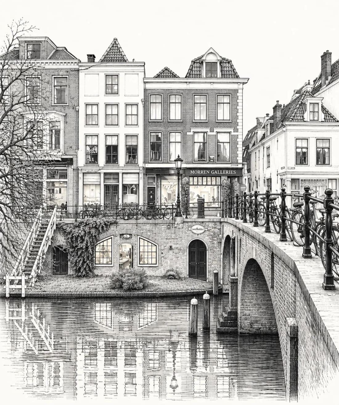 Pentekening van het pand van Morren Galleries aan de Oudegracht in Utrecht, met de brug ervoor.